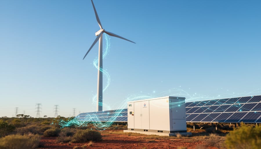 Wind turbine and solar farm with battery storage in an Australian outback setting, featuring a subtle glowing digital twin effect to represent real-time monitoring.