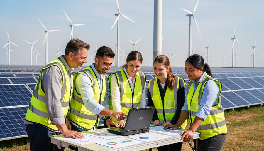 Australian researchers collaborating outdoors near wind turbines and renewable energy equipment