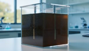 Close-up of a transparent microbial fuel cell tank in a laboratory, with dark nutrient-rich liquid and biofilm texture suggesting bacteria-based electricity generation.