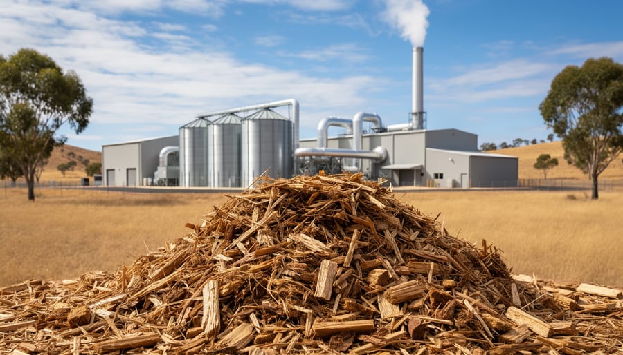 Close-up of hands holding biomass feedstock with a biomass energy facility in the blurred background