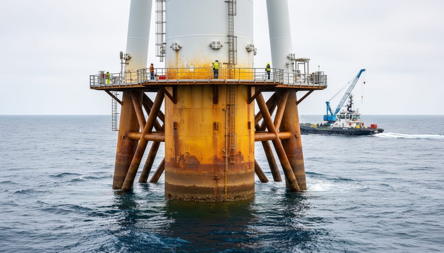 Close-up of steel components on an offshore wind turbine foundation with ocean environment in view