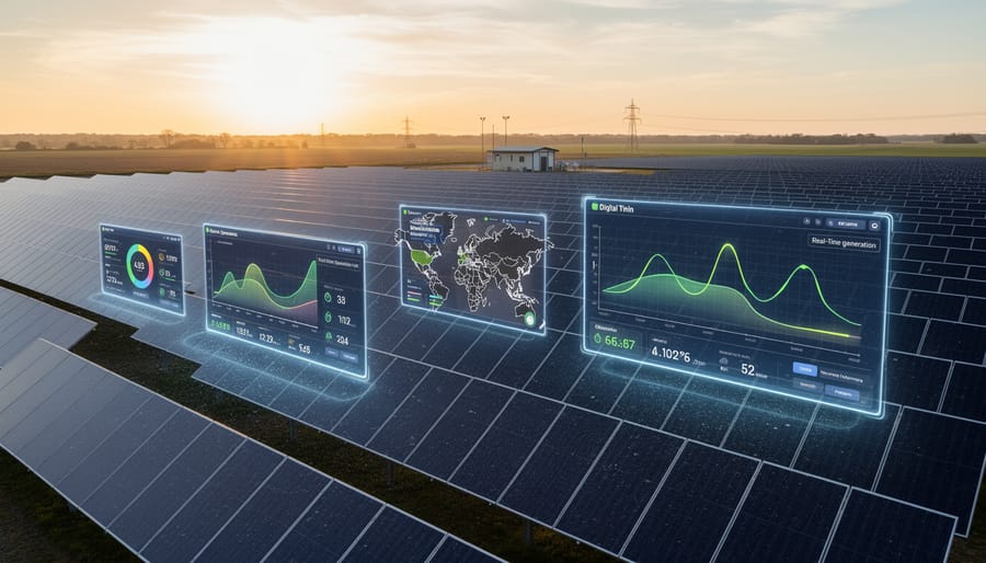 Elevated view of solar panel rows in a photovoltaic farm