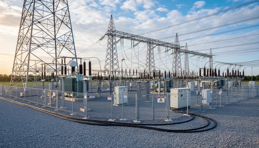 High-voltage utility substation equipment under an overcast sky