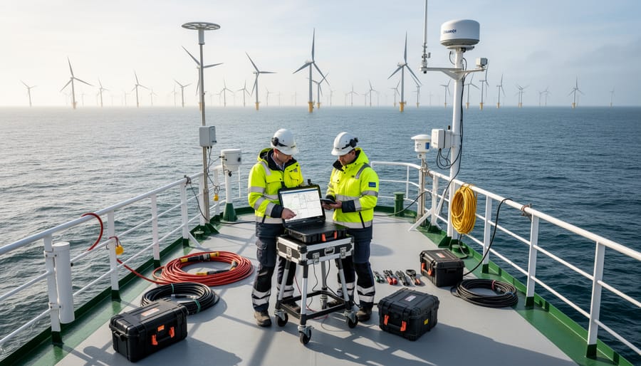 Marine survey technicians on the deck of an offshore vessel holding survey equipment with ocean in the background
