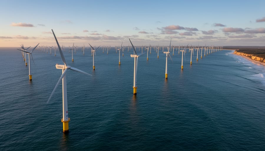Offshore wind turbines turning on the horizon under a bright overcast sky with waves in the foreground