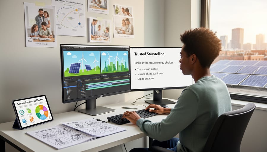 Person writing notes next to a laptop, representing content creation for sustainable energy marketing