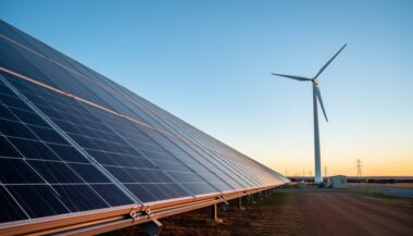 Solar panels and a wind turbine on an Australian renewable energy site at dusk, photographed from ground level with golden side lighting.