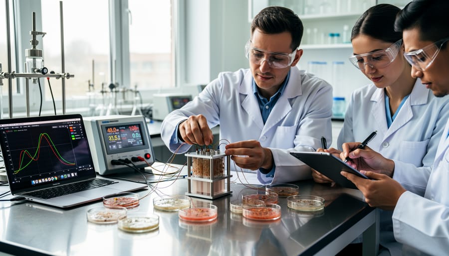 Researcher in a lab holding a small bacteria fuel cell prototype device with wires connected.