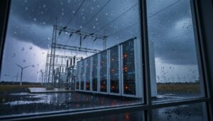 “Rainy Australian energy substation and analytics server racks under storm clouds, with wind turbines in the distance and glowing equipment indicators.”