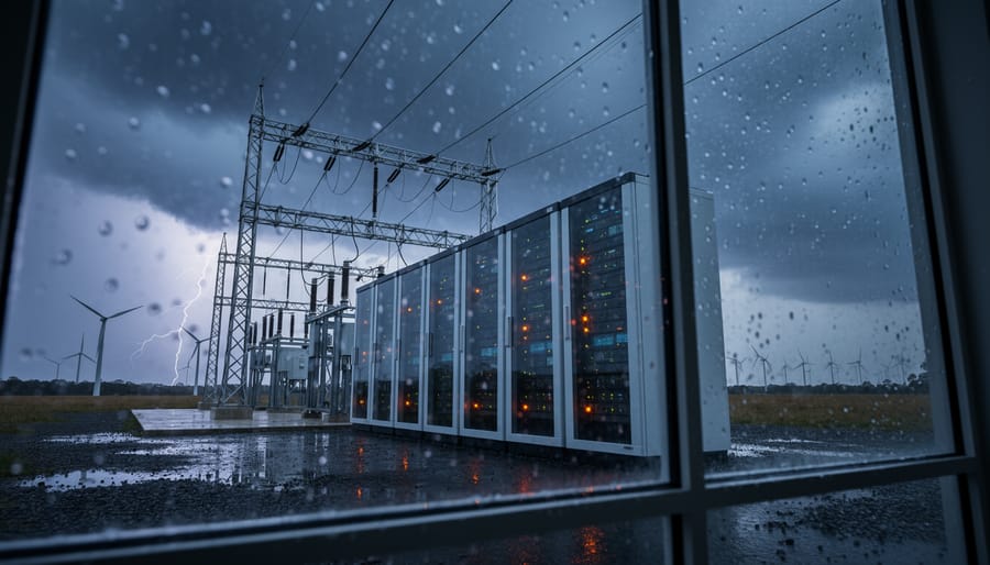 “Rainy Australian energy substation and analytics server racks under storm clouds, with wind turbines in the distance and glowing equipment indicators.”