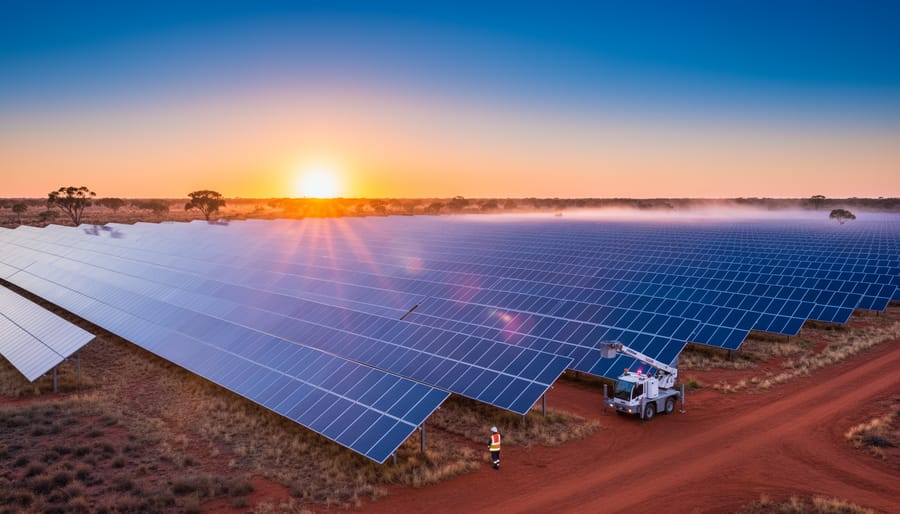 Sunrise over an Australian solar farm with photovoltaic panels in neat rows