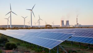 Sunrise over an Australian solar farm with nearby wind turbines, with other power infrastructure faintly visible in the distant horizon, representing renewable and broader sustainability energy sources.