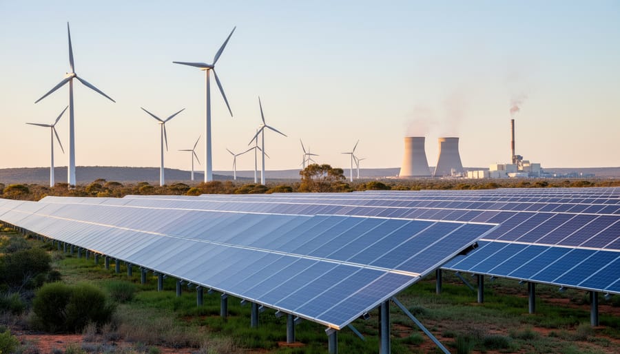 Sunrise over an Australian solar farm with nearby wind turbines, with other power infrastructure faintly visible in the distant horizon, representing renewable and broader sustainability energy sources.