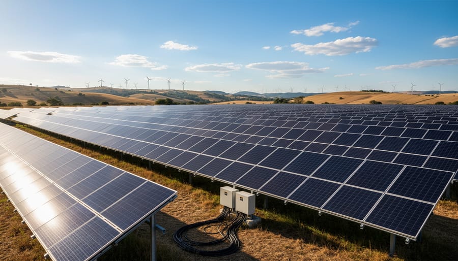 Wide view of solar panels in an Australian landscape with birds flying overhead