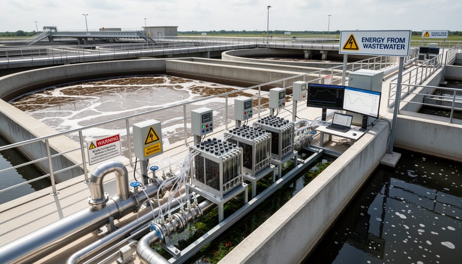 Wide view of wastewater treatment tanks and piping with dark water flowing in the facility.
