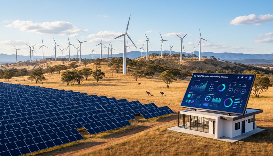 Wind turbine and solar farm in an Australian landscape during golden hour