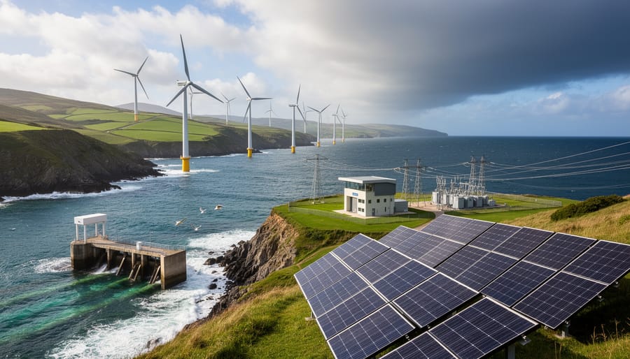 Wind turbines and solar panels at an Australian coastal energy facility under a dramatic sky.