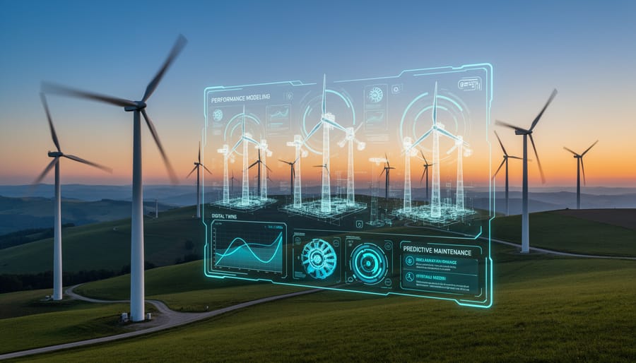 Wind turbines operating at golden hour with warm amber lighting