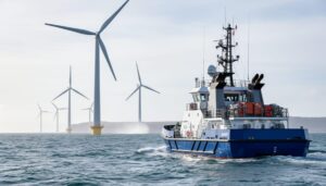 Offshore wind service vessel near large wind turbines across open water under an overcast sky, with sea spray and distant coastline in the background.