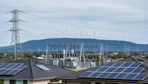 Modern Australian electricity substation and transmission lines with wind turbines and rooftop solar panels in the background under an overcast sky.