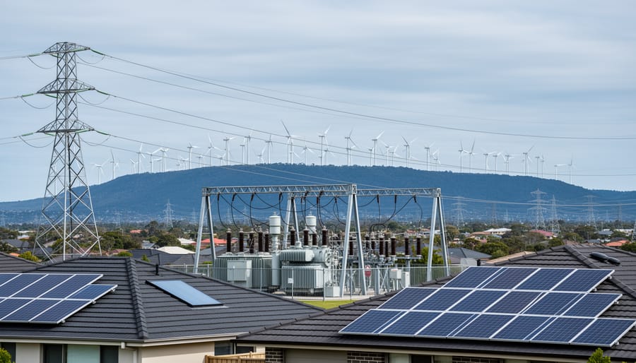Modern Australian electricity substation and transmission lines with wind turbines and rooftop solar panels in the background under an overcast sky.