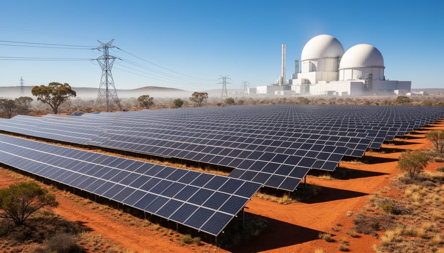 Solar panels at sunrise in an Australian landscape, with power infrastructure softly visible in the distance.