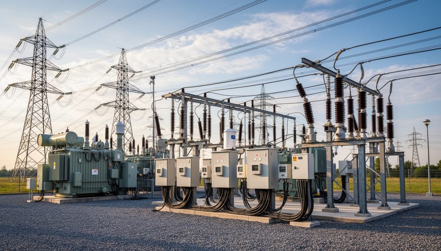 Electrical substation with power infrastructure at dusk