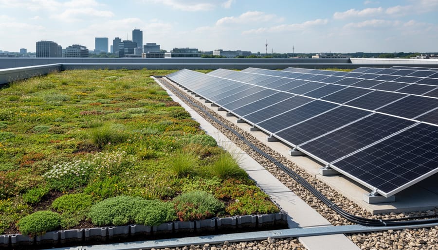 Eco hybrid roof on an Australian home with green vegetation and integrated solar panels on the same rooftop.