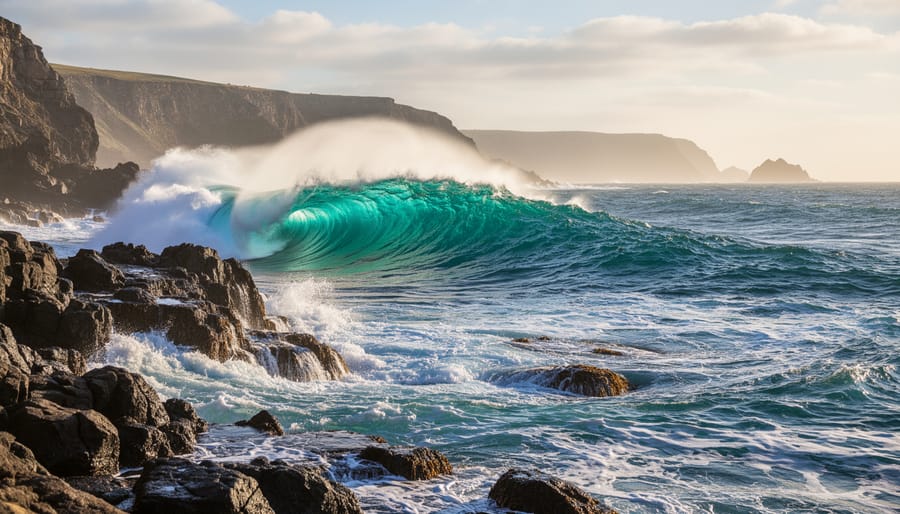 Ocean swell waves rolling in toward a rugged Australian coastline with white foam and wet rocks in the foreground