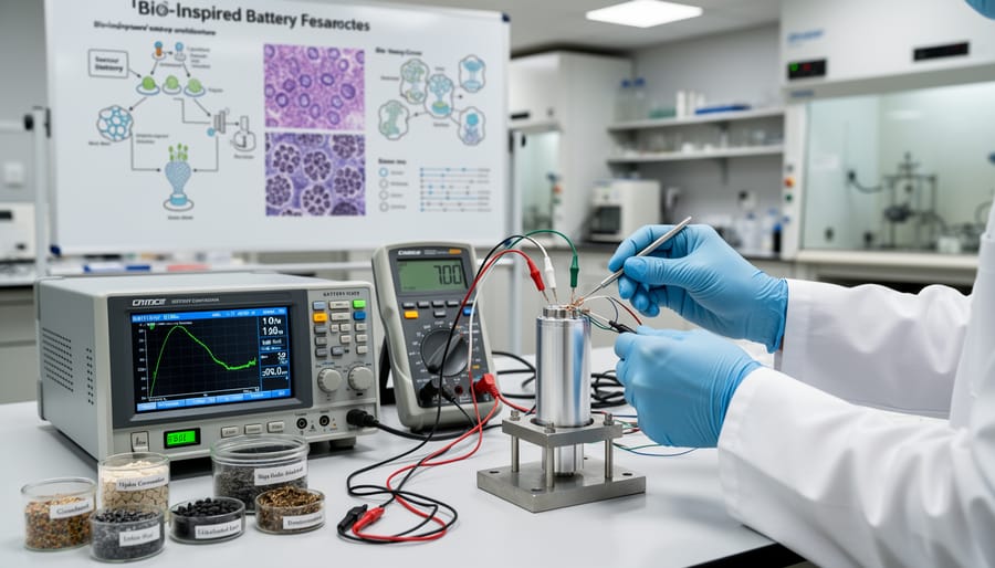 Researchers in gloves handling a battery module in a clean laboratory with blurred testing equipment in the background.