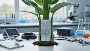 Close-up of a modern battery module with leaf-vein-like branching textures partially integrated with a plant stem, set in a softly blurred lab environment.