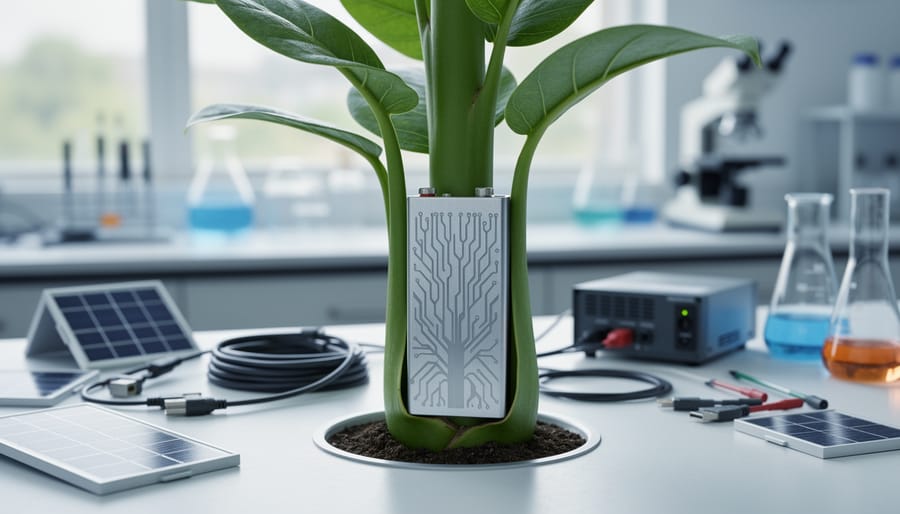 Close-up of a modern battery module with leaf-vein-like branching textures partially integrated with a plant stem, set in a softly blurred lab environment.