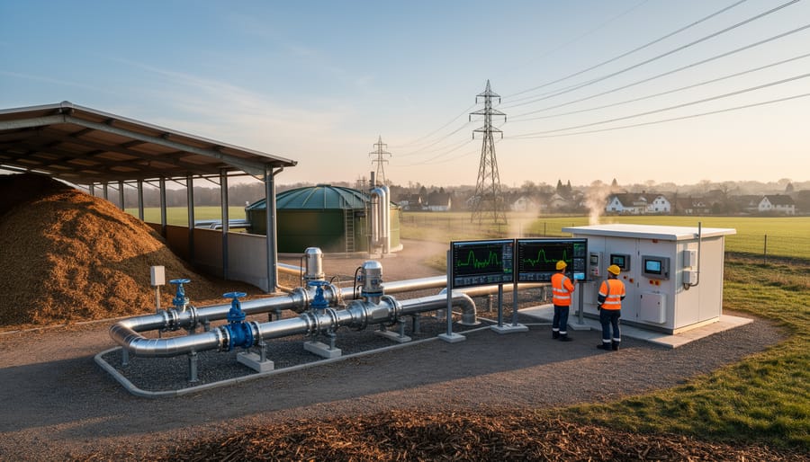 Biomass and biogas facility with rural vegetation during golden hour