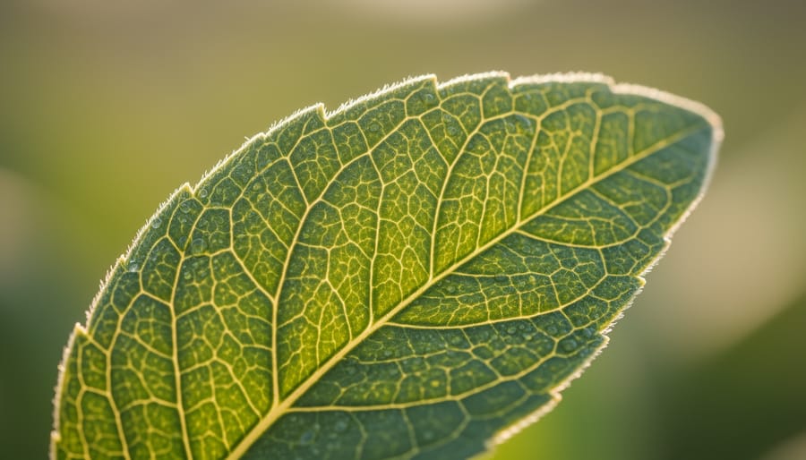 Close-up photograph of a dew-covered green plant leaf with visible veins under soft natural light.