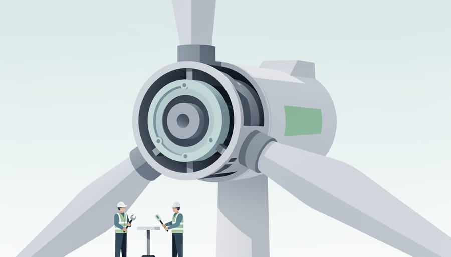 Technicians inspecting wind turbine nacelle and rotor hub components near the ladder