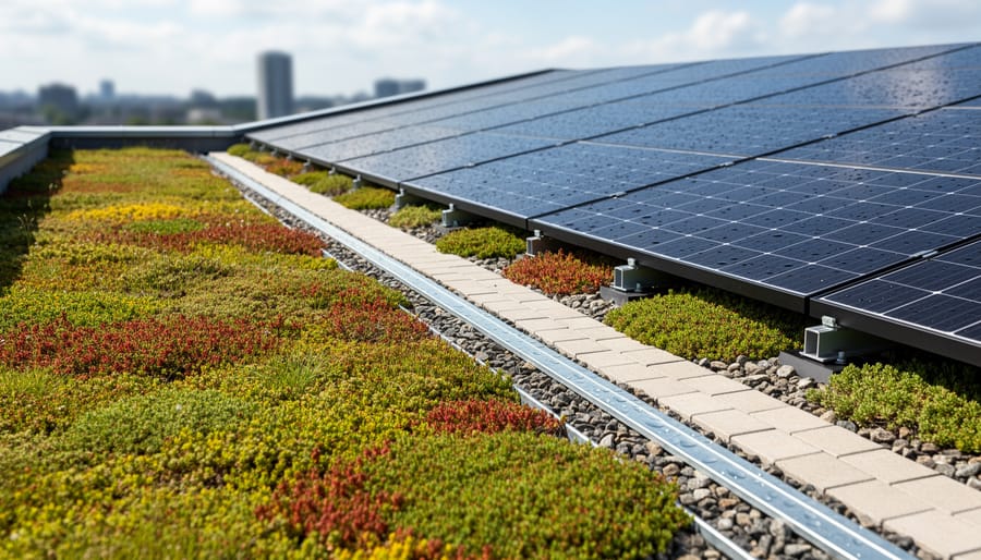 Close-up of an eco hybrid roof showing green roof vegetation near a roof drainage edge next to solar panel surfaces.