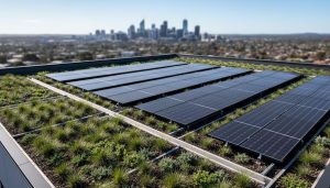 “Eco hybrid roof on an Australian building, showing native grasses and vegetation alongside integrated solar panels on the rooftop.”