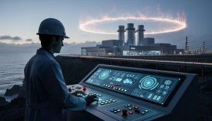 Scientist silhouette in the foreground looking at fusion reactor equipment near a modern coastal energy facility with faint glowing plasma-like light in the background sky.