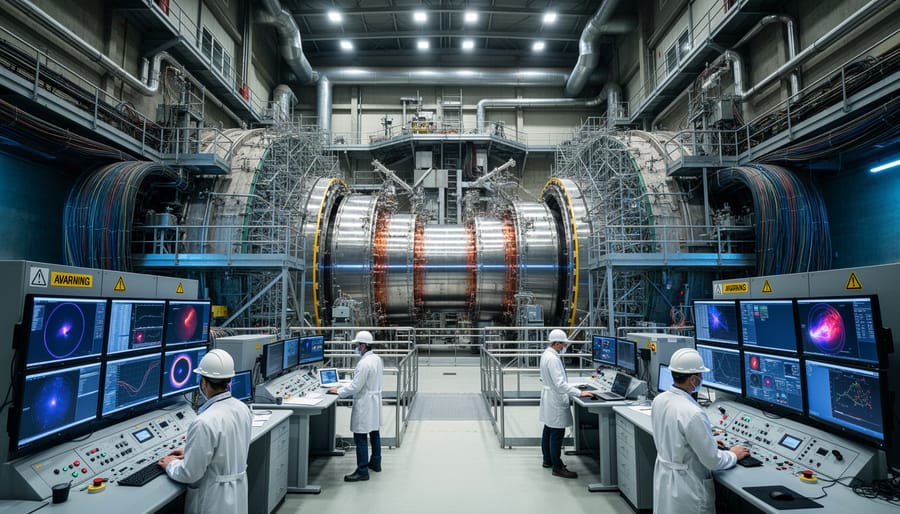 A futuristic nuclear fusion research facility with large spherical equipment structures under twilight lighting.