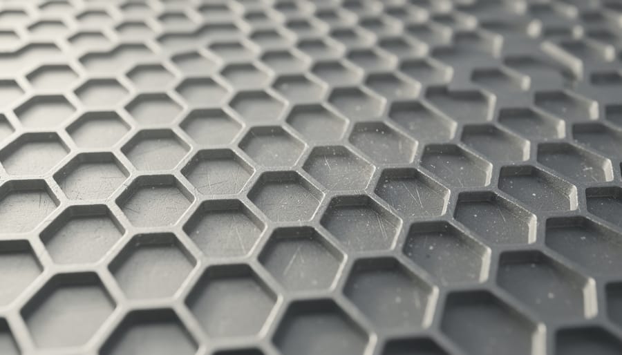 Macro view of a honeycomb-like material beside an outdoor energy storage unit with blurred vegetation in the background.