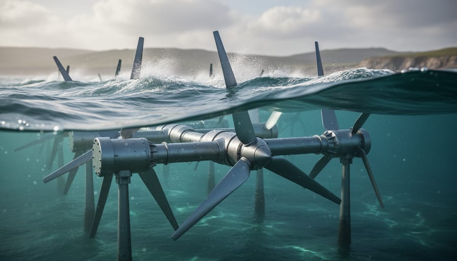 Submerged hydrokinetic turbines beneath fast-flowing tidal water with ocean spray and a blurred coastline in the distance.