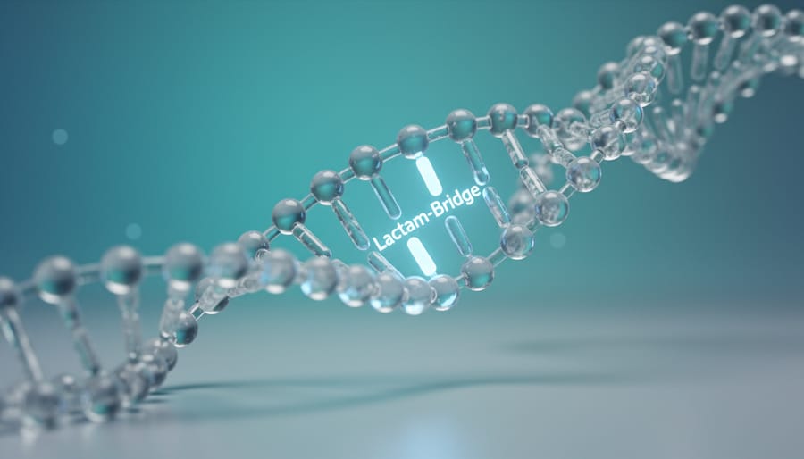 A realistic 3D molecular model of a cyclic melanotan-II peptide with a highlighted lactam bridge floating on a cool blue laboratory background.
