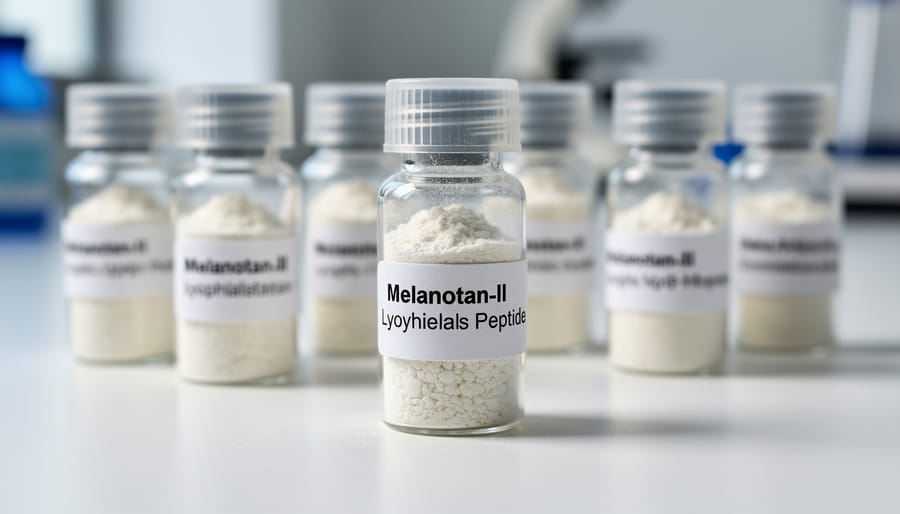 Off-white peptide powder in lab vials on a clean laboratory bench