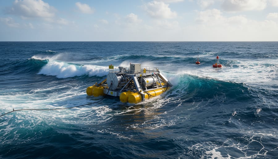 Wave energy converter unit offshore in the ocean during a trial, viewed from a research vessel