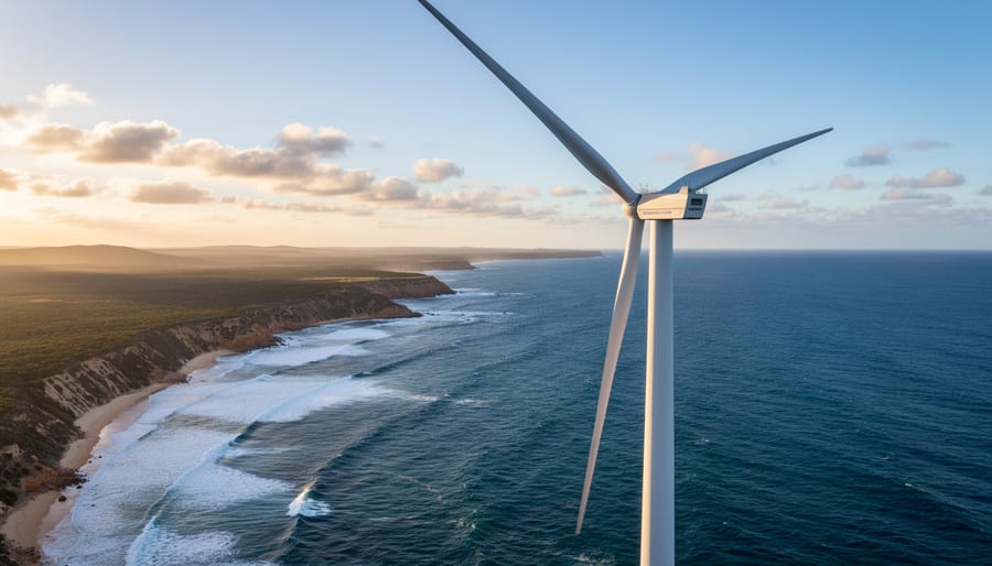 Large offshore wind turbine viewed from the shoreline over ocean water