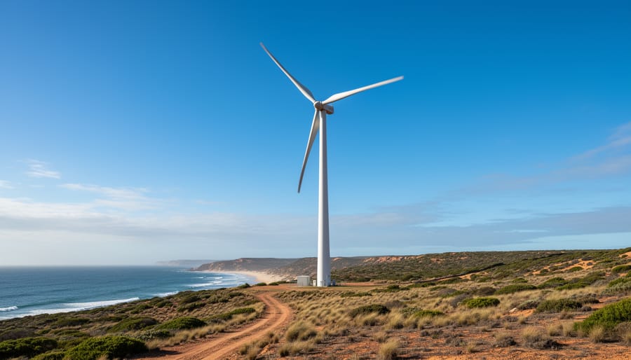 Onshore horizontal-axis wind turbine with three blades on a windy Western Australian coastline