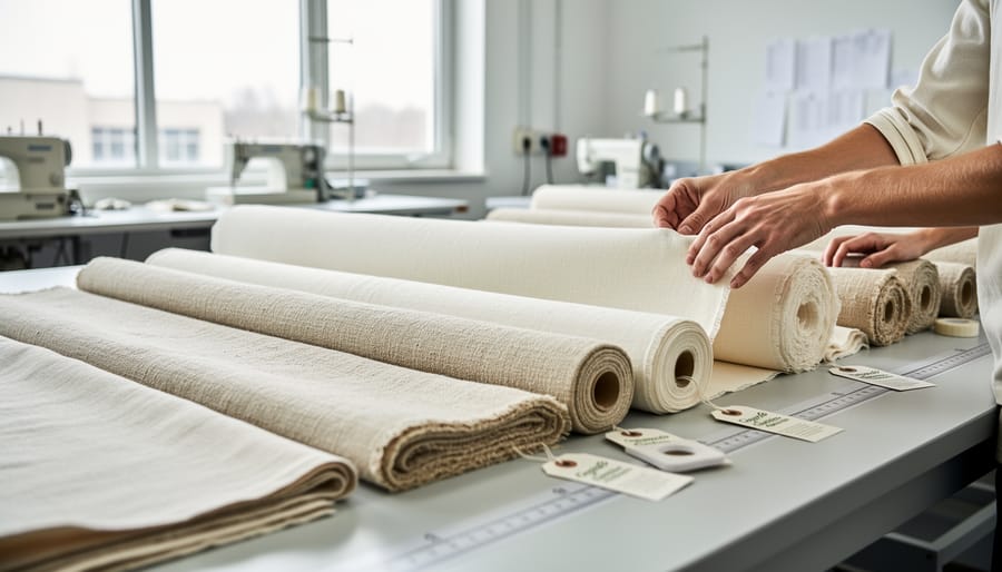 Hands holding organic cotton and hemp fabric yardage with visible fiber texture on a worktable