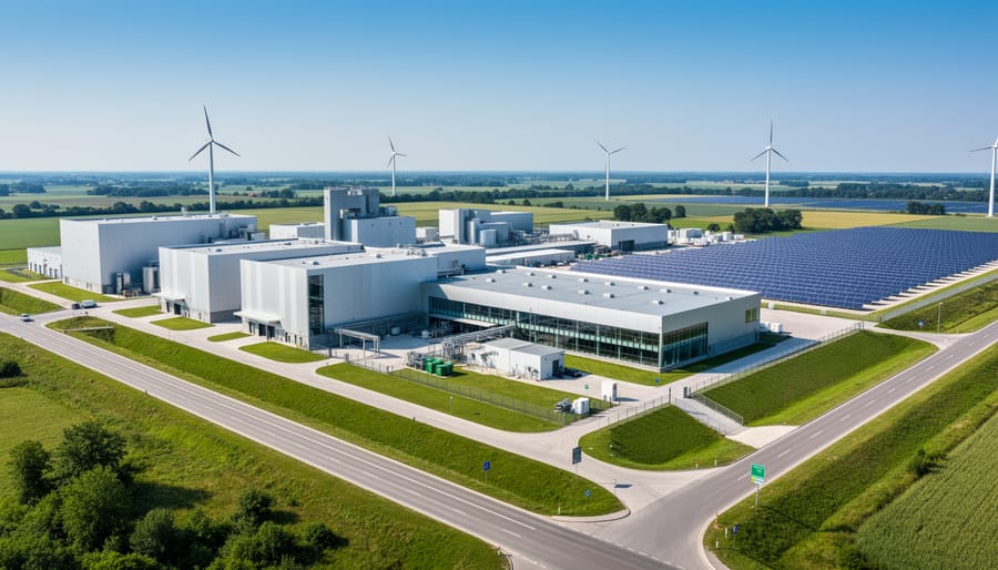 Modern textile facility exterior with rooftop solar panels and distant wind turbines under an overcast sky