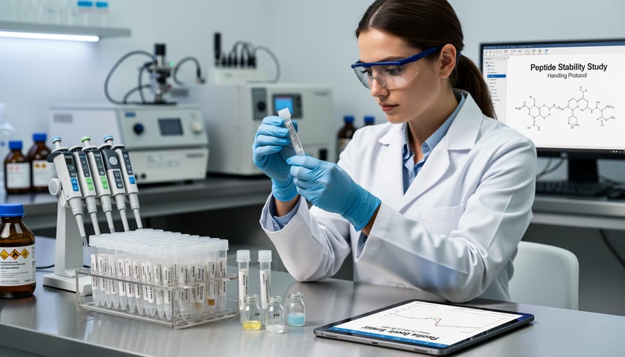 Lab researcher holding a syringe near lab instruments during peptide research