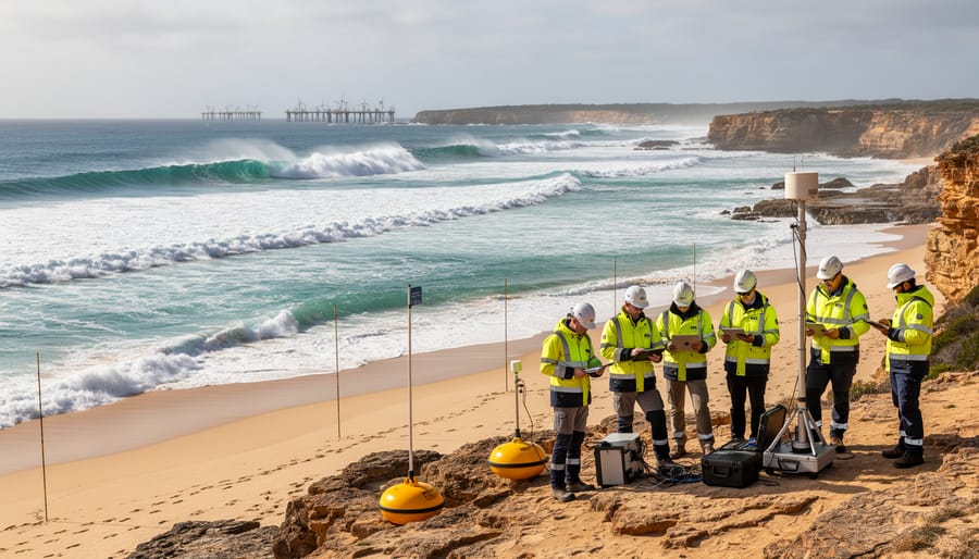 Marine researchers in waterproof clothing observing ocean swells from a coastal viewpoint